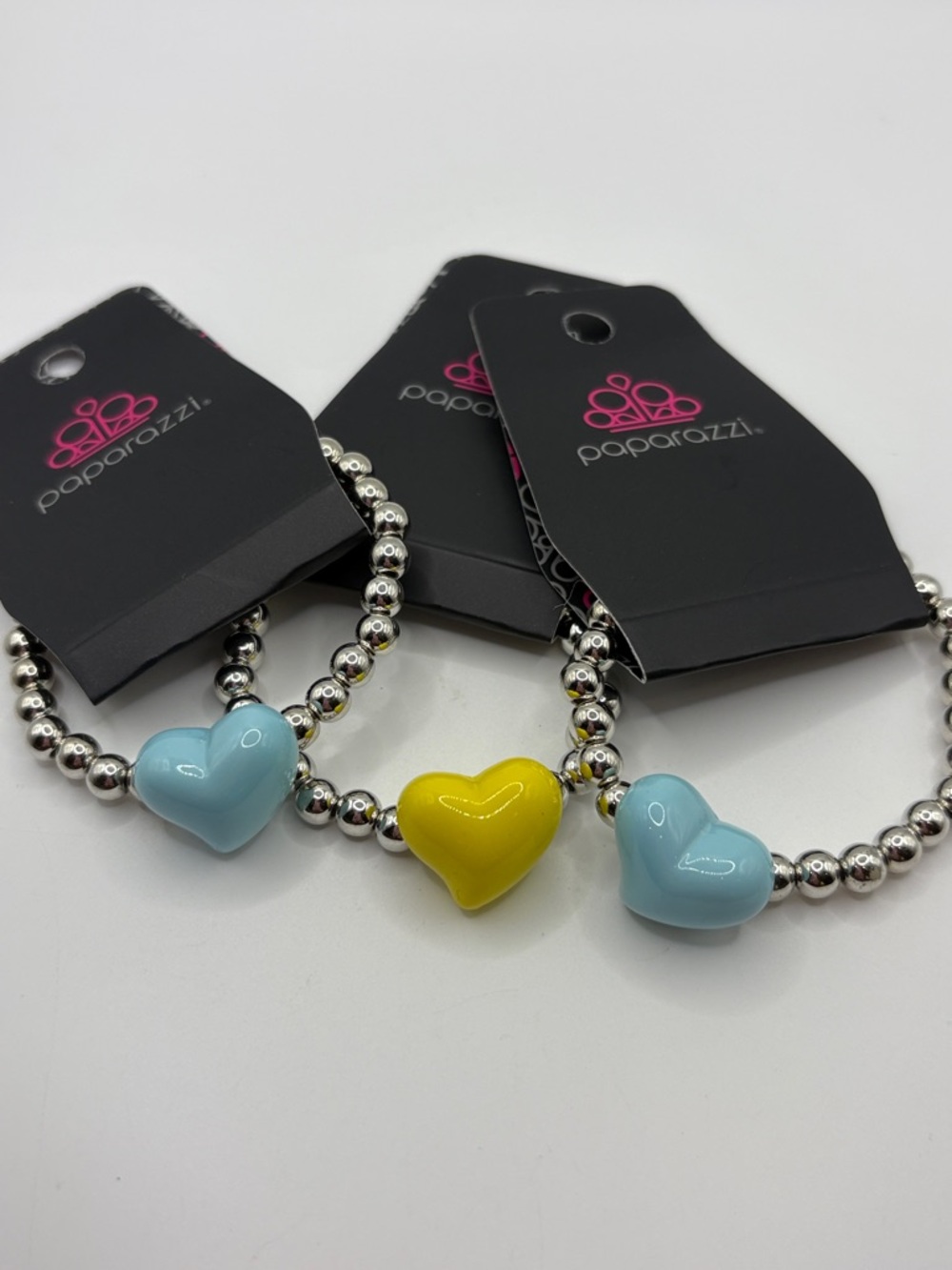 3 paparazzi Bright Heart Trio Bracelet - Light Blue & Yellow 3 bracelet bundle